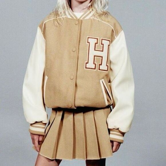 Zara NWOT Beige Contrast Varsity Bomber Jacket Size 13-14 - Picture 2 of 8